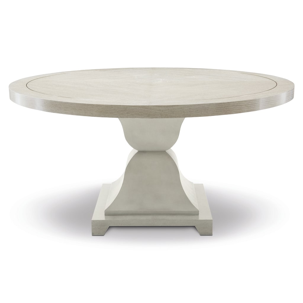 Criteria Round Dining Table: Criteria Round Dining TableThe Criteria Round Dining Table Adds Elegance To Any Dining Space. Its Ash Wood Top Finished In Heather Grey Complements The Sophisticated Cast Pedestal With Embossed Leathe