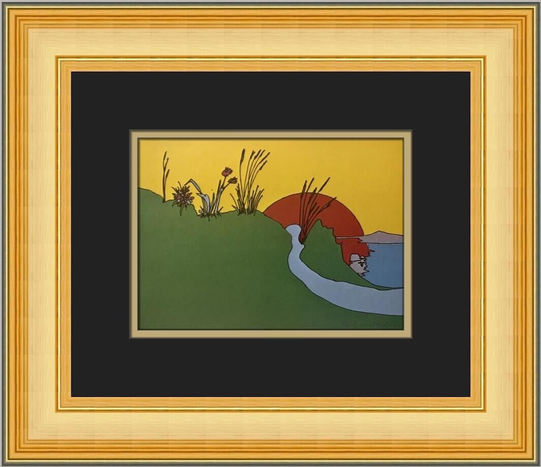 Peter Max Virginia Sunset Custom Framed Art Print 16in x 14in: Peter Max Virginia Sunset Custom Framed Art Print 16in x 14in This beautiful custom framed print features the artwork "Virginia Sunset" by renowned artist Peter Max, produced in 1976. The print is mat