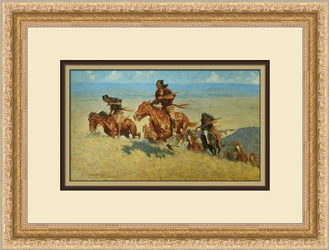 Frederic Remington The Buffalo Runners Print 15in x 11in Framed Artwork: Frederic Remington The Buffalo Runners Print 15in x 11in Framed Artwork This custom framed print titled 'The Buffalo Runners of Big Horn Basin' by Frederic Remington is a stunning piece of realism art