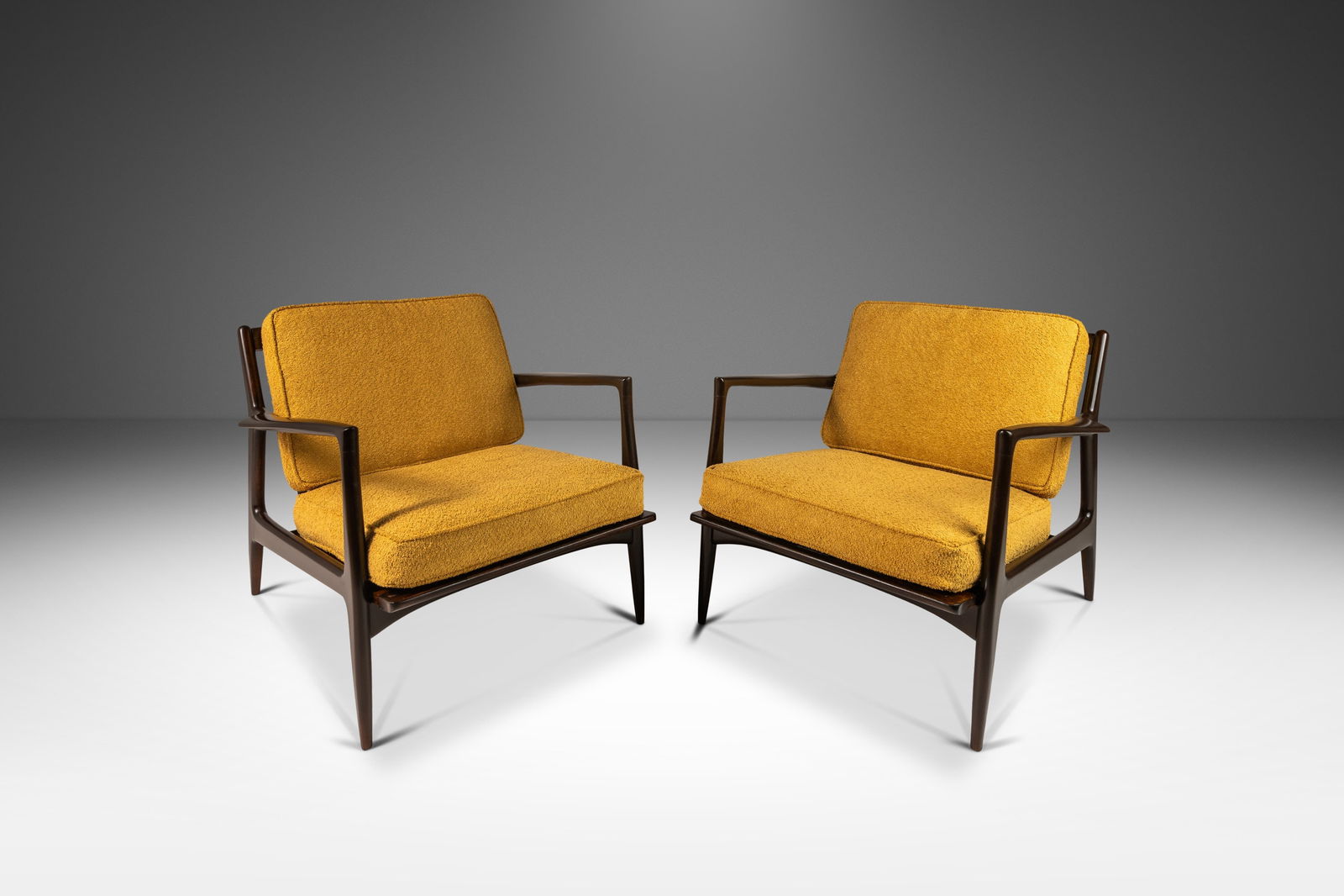 Danish Modern Blade Arm Lounge Chairs Set of Two in Beech & Boucle by Ib Kofod Larsen: Danish Modern Blade Arm Lounge Chairs Set of Two in Beech & Boucle by Ib Kofod Larsen This set of two Danish Modern Blade Arm lounge chairs is a masterpiece designed by Ib Kofod Larsen for Selig, Denm