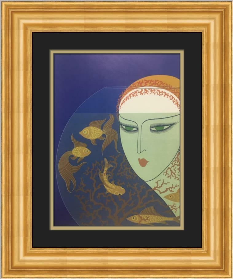 Erte Fish Bowl Art Deco Print Framed Lithograph 18x21 in: Erte Fish Bowl Art Deco Print Framed Lithograph 18x21 in This medium-sized custom framed print features the Art Deco style by artist Erte, showcasing a beautifully detailed fish bowl theme. Produced i