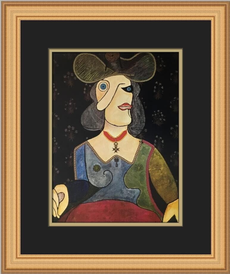 Enrico Baj Bust of a Woman with Hat Custom Framed Lithograph Art Print: Enrico Baj Bust of a Woman with Hat Custom Framed Lithograph Art Print This stunning custom framed print features Enrico Baj's 'Bust of a Woman with Hat,' created in 1977. The artwork is a medium-size