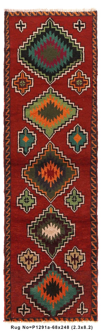 2 x 8 Hand-Knotted Afghan Tribal Rug Runner: 2 x 8 Hand-Knotted Afghan Tribal Rug Runner This stunning hand-knotted Afghan tribal rug runner features a rustic palette of red, green, and orange. Measuring 2.3 feet in width and 8.2 feet in length,