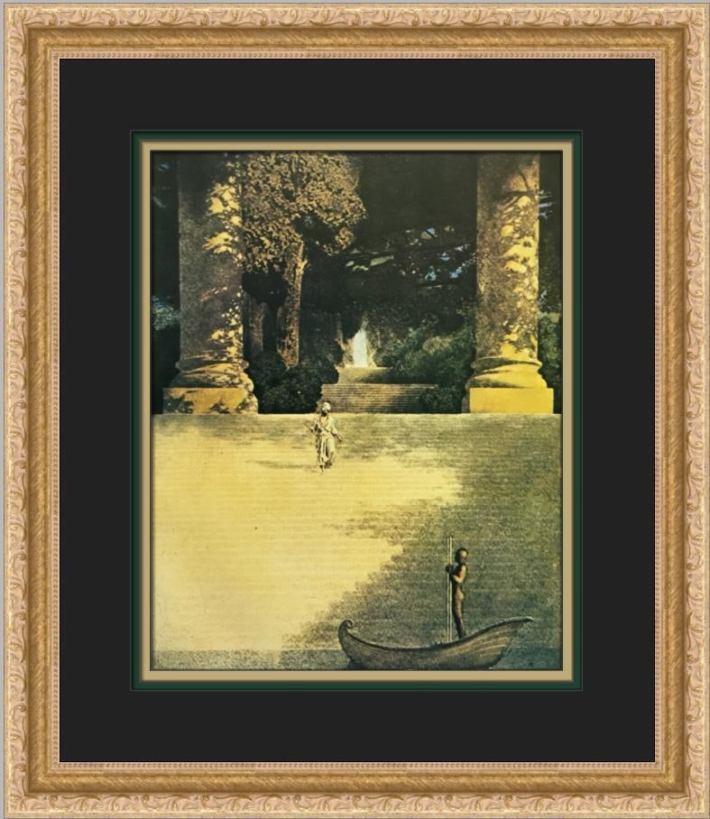 Maxfield Parrish Landing of the Brazen Boat Man Custom Framed Print: Maxfield Parrish Landing of the Brazen Boat Man Custom Framed Print This custom framed print titled 'Landing of the Brazen Boat Man' by Maxfield Parrish features a stunning impressionist style. Produc