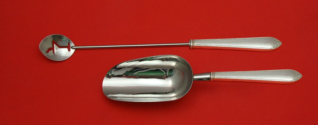 Prudence by Lunt Sterling Silver Bar Set 2pc Custom Made: Prudence by Lunt Sterling Silver Bar Set 2pc Custom Made This custom made Prudence by Lunt Sterling Silver Bar Set features two essential bar tools: a martini spoon and an ice scoop. The hollow handle