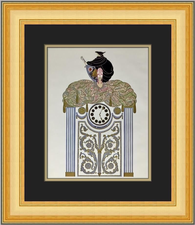Erte The Clock Art Deco Custom Framed Print 19x17 in: Erte The Clock Art Deco Custom Framed Print 19x17 in This custom framed print titled 'The Clock' by Erte showcases Art Deco style, created in 1979. It features a medium size, measuring 19 inches in he