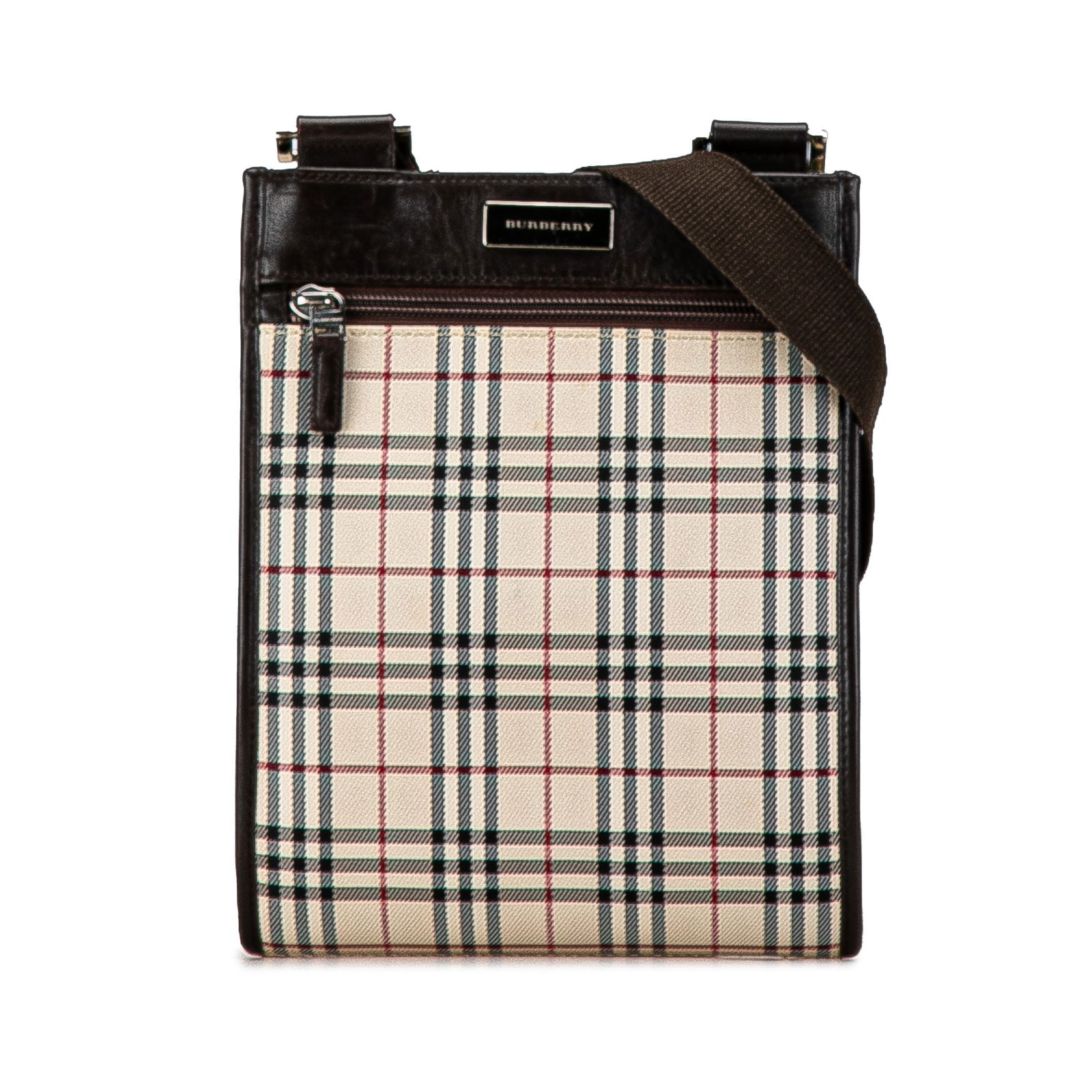 Burberry House Check Crossbody Bag Brown Canvas Leather Trim: Burberry House Check Crossbody Bag Brown Canvas Leather Trim This Burberry House Check Crossbody Bag features a house check canvas body with leather trim, a flat strap, and a top magnetic snap closure
