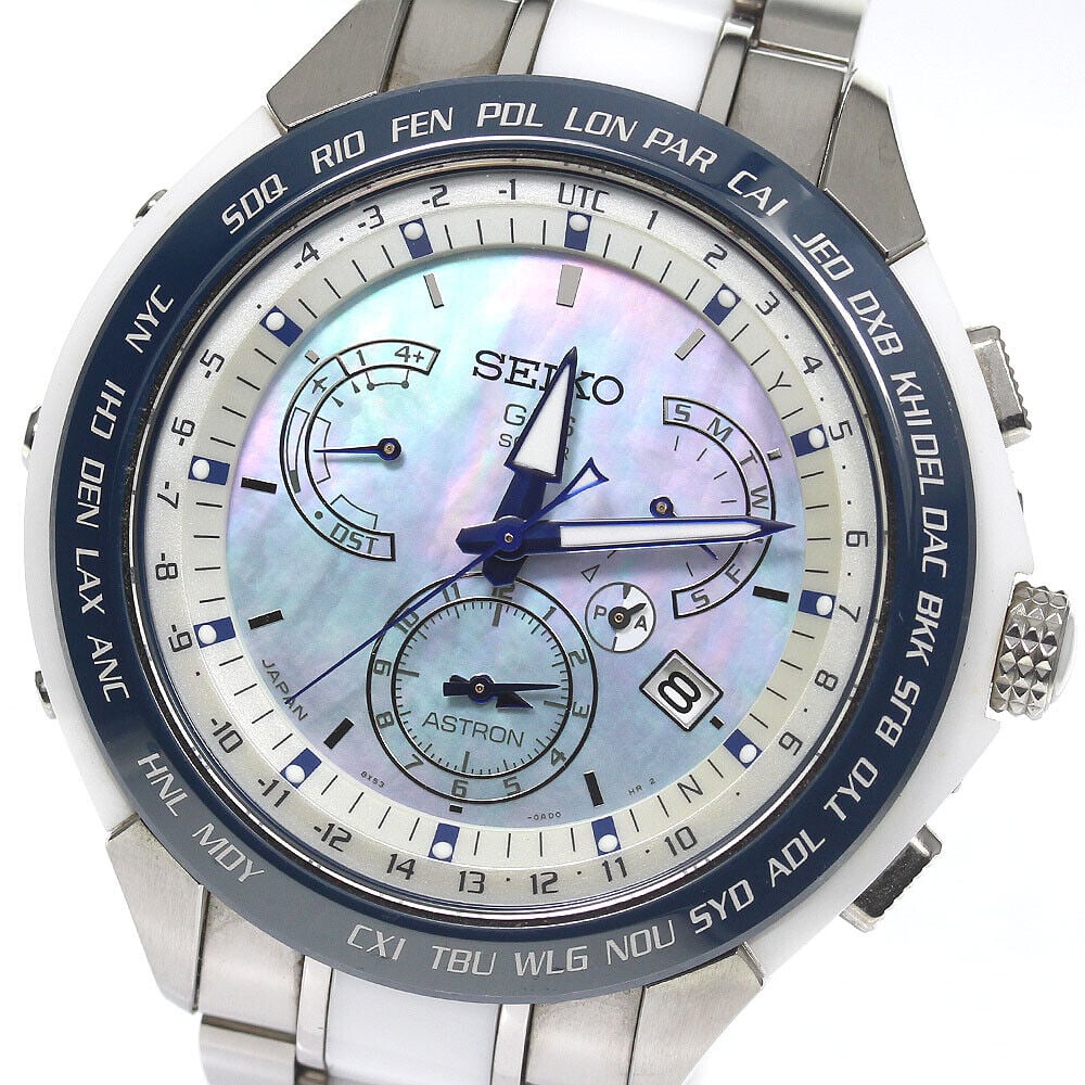 SEIKO Astron 2015 Limited Model Mens Watch SBXB039 Solar Radio Wave: SEIKO Astron 2015 Limited Model Mens Watch SBXB039 Solar Radio Wave The SEIKO Astron 2015 Limited Model is a men's wristwatch featuring a titanium and ceramic case and belt. It has a blue shell dial a
