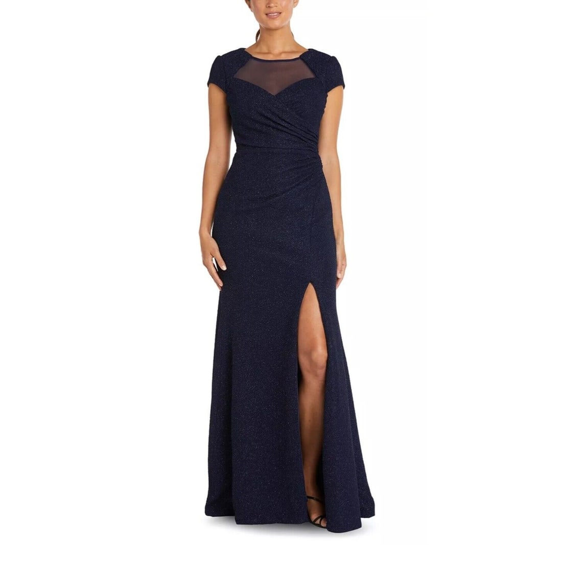 NIGHTWAY Plus Size 20W Blue Illusion-Trim Cap Sleeve Ball Gown: NIGHTWAY Plus Size 20W Blue Illusion-Trim Cap Sleeve Ball Gown This stunning NIGHTWAY ball gown features an illusion-trim design and cap sleeves. Made for plus sizes, it comes in a beautiful blue colo