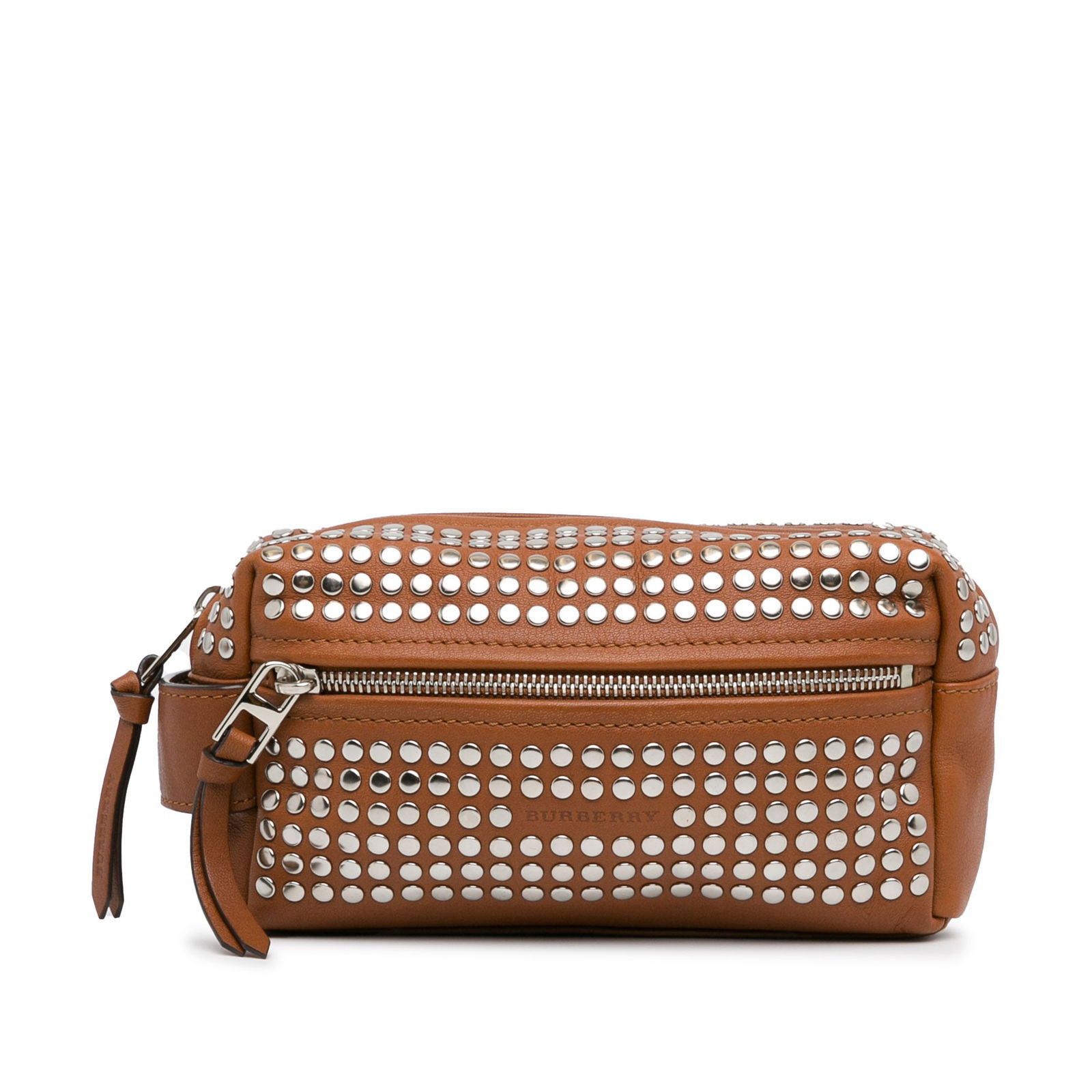 Burberry Studded Leather Cosmetic Pouch Brown: Burberry Studded Leather Cosmetic Pouch Brown This Burberry studded leather cosmetic pouch features a stylish design with a top zip closure. Made from high-quality leather, it is perfect for storing y