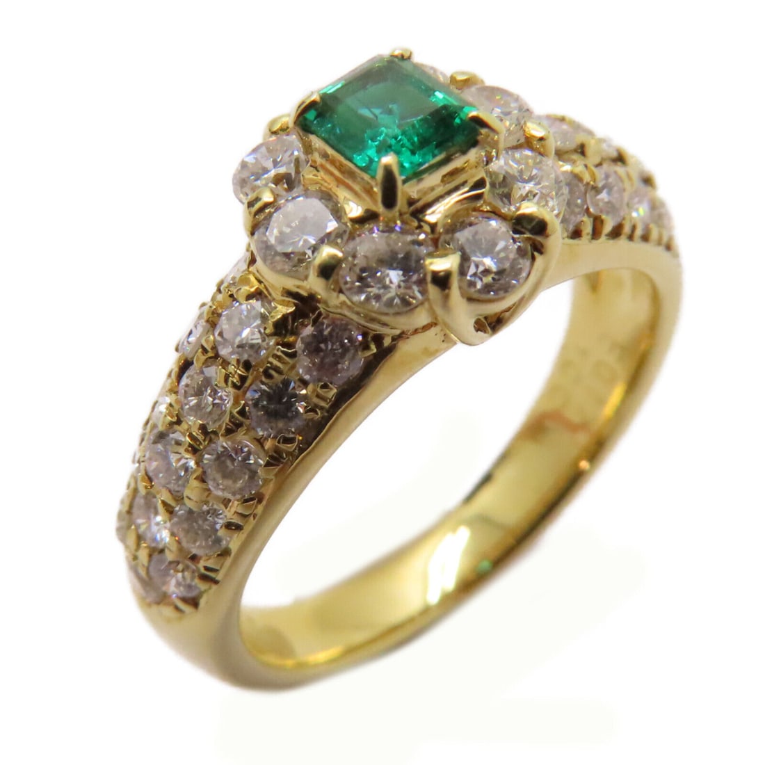 Emerald and Diamond Ring in 18K Yellow Gold Size 5.25: Emerald and Diamond Ring in 18K Yellow Gold Size 5.25 This exquisite ring features a 0.17ct emerald and 1.00ct diamond set in 18K yellow gold. The ring is designed for a size 5.25 and is perfect for a
