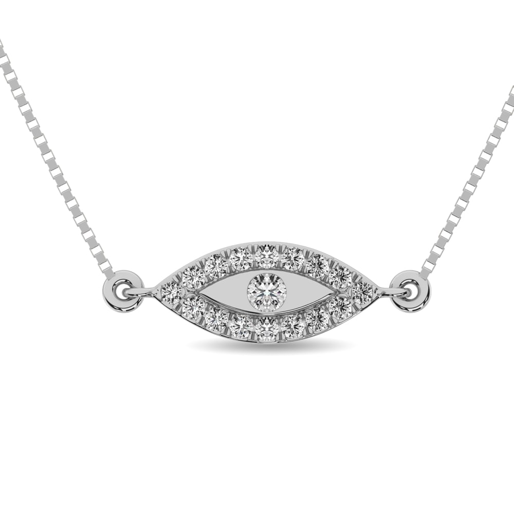 Diamond 1/10 Carat Round Cut Fashion Necklace in 10K White Gold: Diamond 1/10 Carat Round Cut Fashion Necklace in 10K White Gold This elegant fashion necklace features 17 round cut diamonds totaling 0.11 carats, set in 10K white gold. The diamonds have a G-H color 
