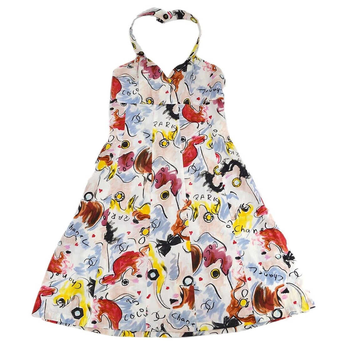 Chanel White Multicolor Sleeveless A-Line Dress Size 40 100% Cotton Summer Vintage: Chanel White Multicolor Sleeveless A-Line Dress Size 40 100% Cotton Summer Vintage Chanel sleeveless dress in white multicolor, featuring an A-line style. Made of 100% cotton, this vintage dress is pe