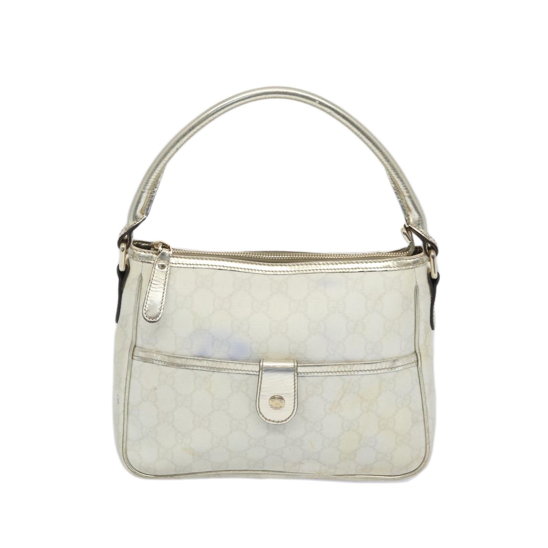 Gucci GG Canvas Handbag White PVC Leather: Gucci GG Canvas Handbag White PVC Leather The Gucci Hand Bag features a combination of durable PVC leather and iconic GG canvas in a timeless white hue. Dimensions are W25cm x H19cm x D8cm. This handb