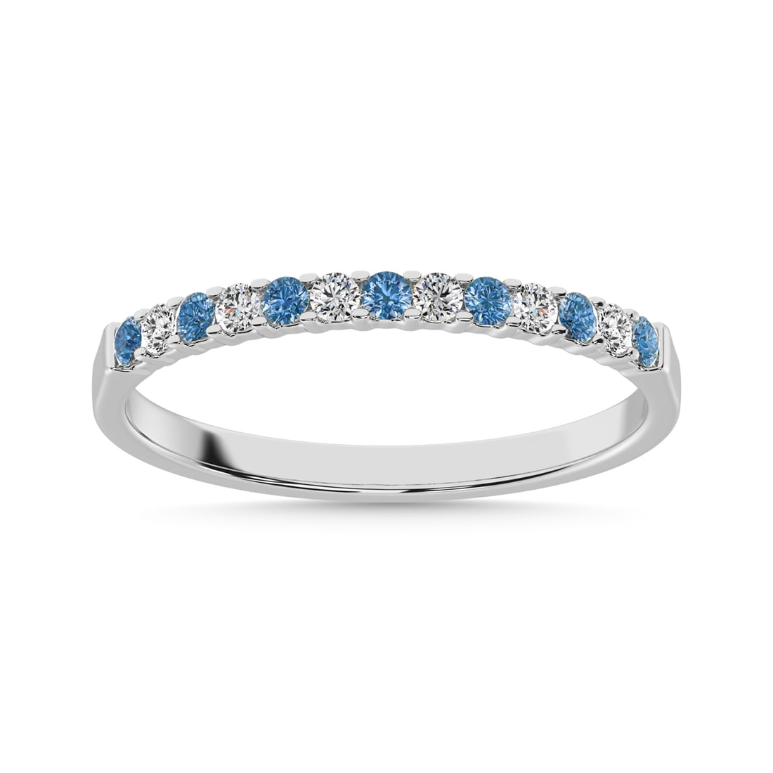 14K White Gold Blue White Diamond Machine Band Ring 1/5 Carat: 14K White Gold Blue White Diamond Machine Band Ring 1/5 Carat This elegant 14K White Gold Machine Band features a total of 13 round cut diamonds, including 7 blue diamonds and 6 white diamonds, all se