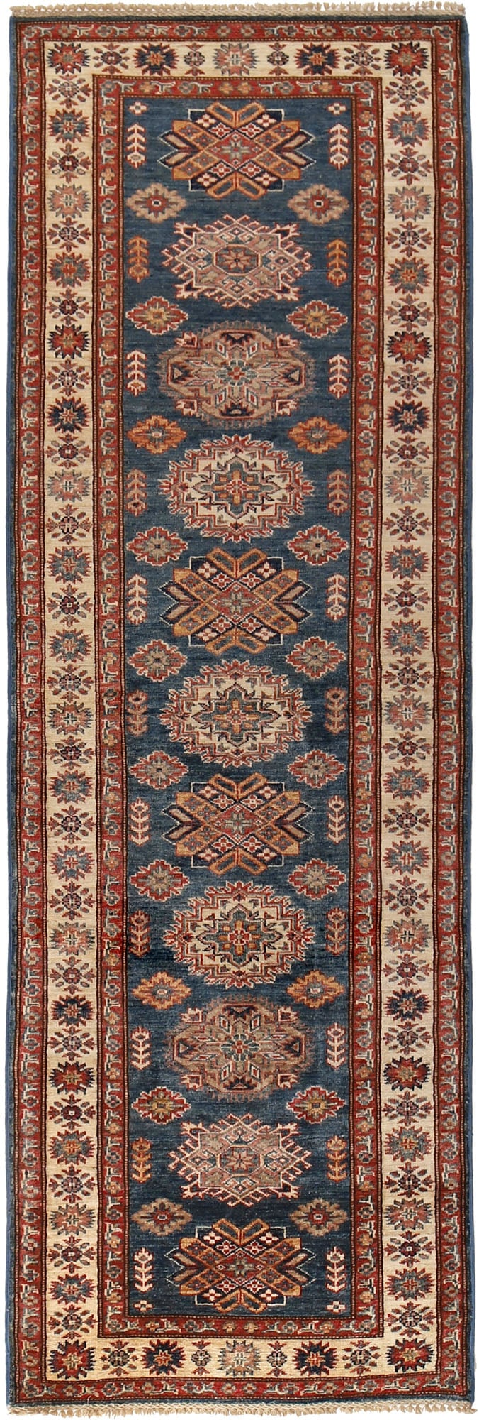 3 x 10 Hand-Knotted Super Kazak Wool Runner Rug Pakistan: 3 x 10 Hand-Knotted Super Kazak Wool Runner Rug Pakistan This exquisite handmade Super Kazak runner rug features a hand-knotted weave with a luxurious silky wool material. Measuring 3.08 feet in width