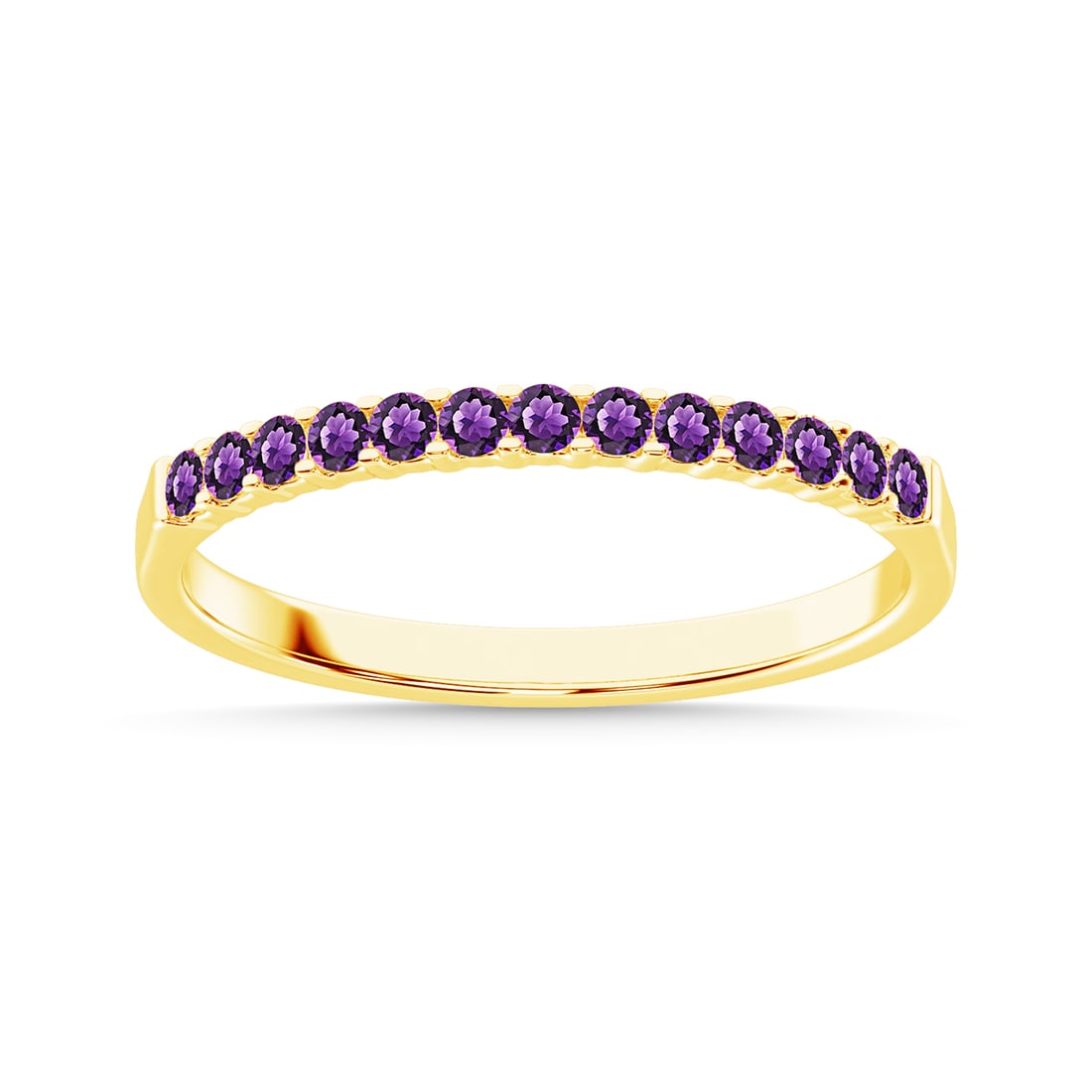 Amethyst Round Stone Band Ring in 14K Yellow Gold: Amethyst Round Stone Band Ring in 14K Yellow Gold This elegant ring features a machine band crafted from 14K yellow gold, embellished with 13 round amethyst stones. Available in sizes 4 to 9, the tota