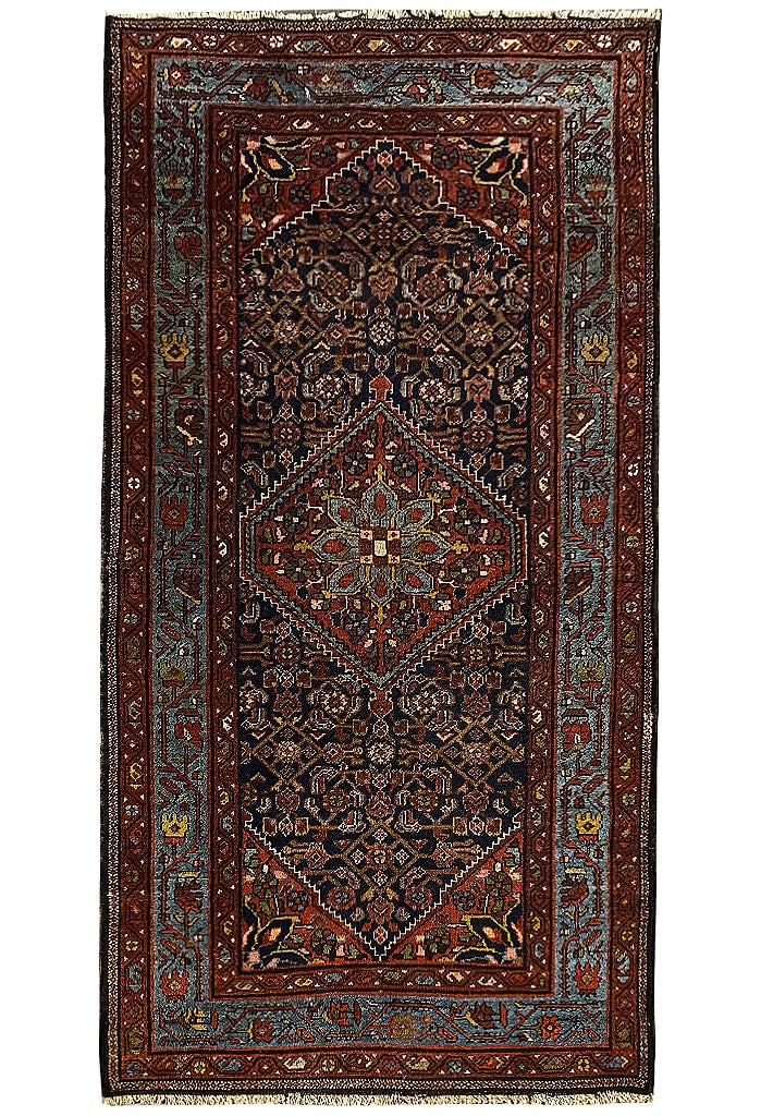 Handmade Tribal Hamadan Area Rug 3.6ft x 6.9ft Wool Blue Rust: Handmade Tribal Hamadan Area Rug 3.6ft x 6.9ft Wool Blue Rust This handmade Tribal Hamadan area rug features a beautiful blend of blue and rust brown colors. Measuring 3.6 feet in width and 6.9 feet i