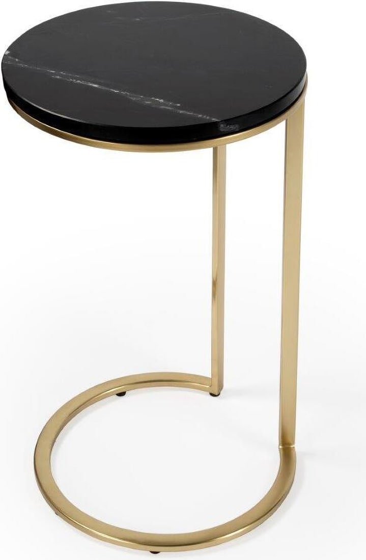 Butler Shounderia Black Marble Accent Table: Butler Shounderia Black Marble Accent Table Add a bold modern statement to the living room, bedroom, or office with this alluring round end table. Its polished gold stainless steel base supports a bla