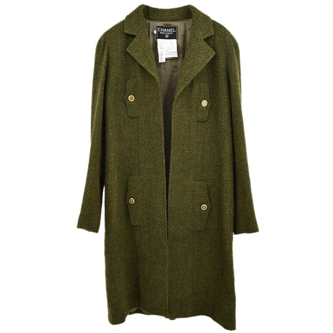 Chanel Vintage Green Brown Wool Alpaca Overcoat Size 40: Chanel Vintage Green Brown Wool Alpaca Overcoat Size 40 Chanel vintage coat in green brown color, made from 95% wool and 5% alpaca. Features a long sleeve design with a button closure and a collared s