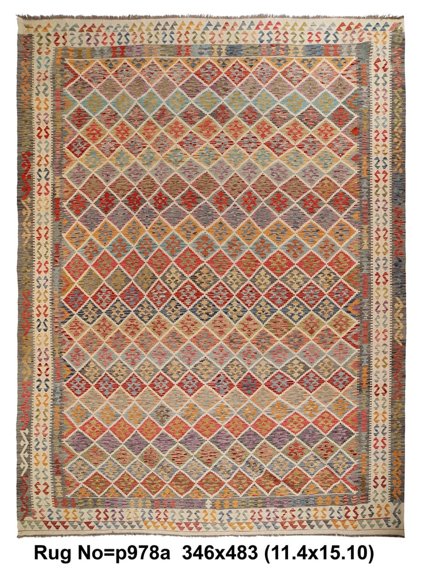 11x16 Handmade Vegetable Kilim Wool Rug from Pakistan: 11x16 Handmade Vegetable Kilim Wool Rug from Pakistan This exquisite handmade vegetable kilim flat-weave rug measures 11.4 feet in width and 15.10 feet in length, making it an ideal area rug for any s