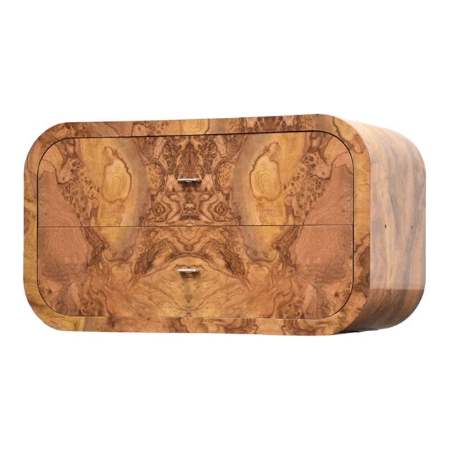 Modern Faux Burl Formica Nightstand with Chrome Hardware: Modern Faux Burl Formica Nightstand with Chrome Hardware A modern nightstand crafted from faux Burl formica featuring curved sides and chrome hardware. This stylish piece measures 33.25 inches wide, 1