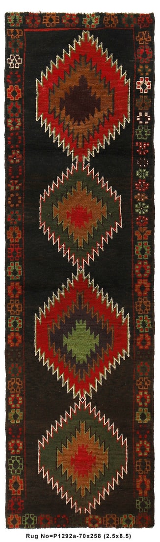 2 x 8 Afghan Tribal Wool Runner Area Rug: 2 x 8 Afghan Tribal Wool Runner Area Rug This stunning 2 x 8 Afghan Tribal narrow runner rug is hand-knotted from high-quality wool. Featuring a unique tribal pattern in black, blue, and green, it mea