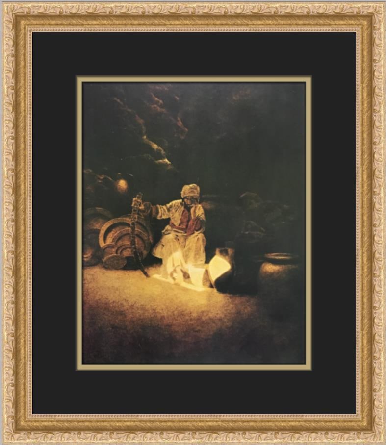 Maxfield Parrish Cassim in the Cave of the Forty Thieves Custom Framed Offset Lithograph Print: Maxfield Parrish Cassim in the Cave of the Forty Thieves Custom Framed Offset Lithograph Print This custom framed print titled 'Cassim in the Cave of the Forty Thieves' by Maxfield Parrish features an