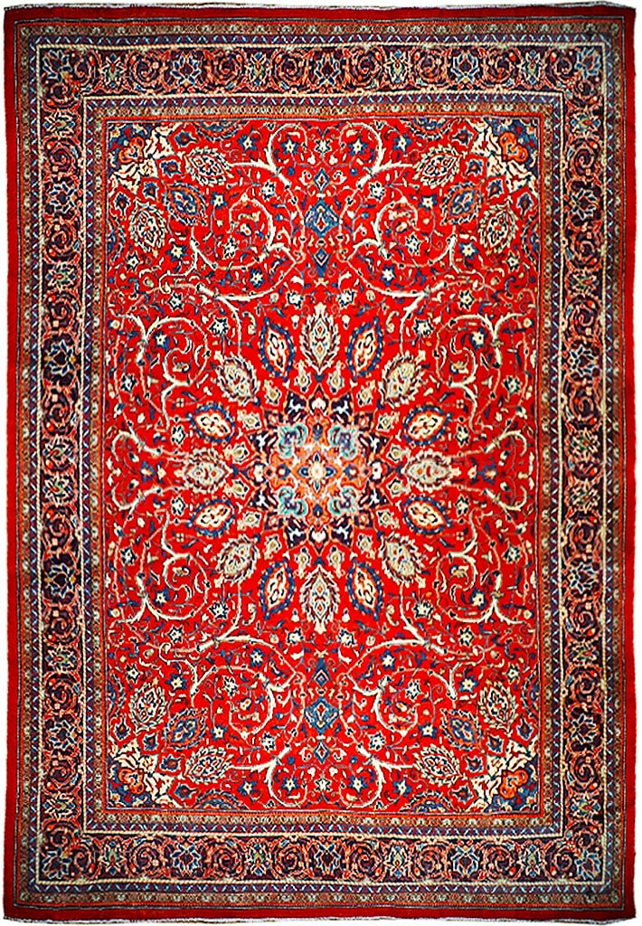 10 Feet x 13 Feet Handmade Persian Mashad Rug in Red: 10 Feet x 13 Feet Handmade Persian Mashad Rug in Red This exquisite 10 feet x 13 feet Persian Mashad rug features a stunning red, ivory, and sky blue color palette. Handmade with a 3/8 inch wool pile,