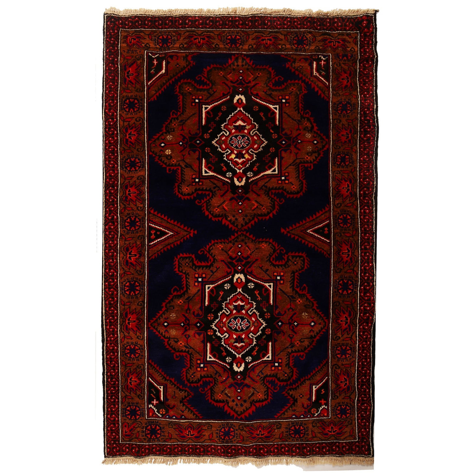 4 Feet x 6 Feet Navy Blue Tribal Baluch Rug: 4 Feet x 6 Feet Navy Blue Tribal Baluch Rug This hand-knotted Tribal Baluch rug features a vibrant navy blue, black, and rust color palette. Measuring 4 feet in width and 6 feet in length, it is craft