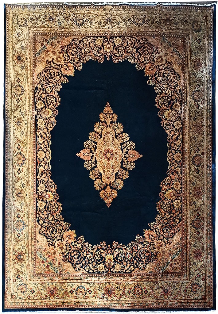 10 Foot x 12 Foot Persian Kerman Hand-Knotted Wool Rug Blue Gold Brown Rust: 10 Foot x 12 Foot Persian Kerman Hand-Knotted Wool Rug Blue Gold Brown Rust This luxurious hand-knotted Persian Kerman rug features a beautiful color palette of blue, gold, brown, and rust. With dimen
