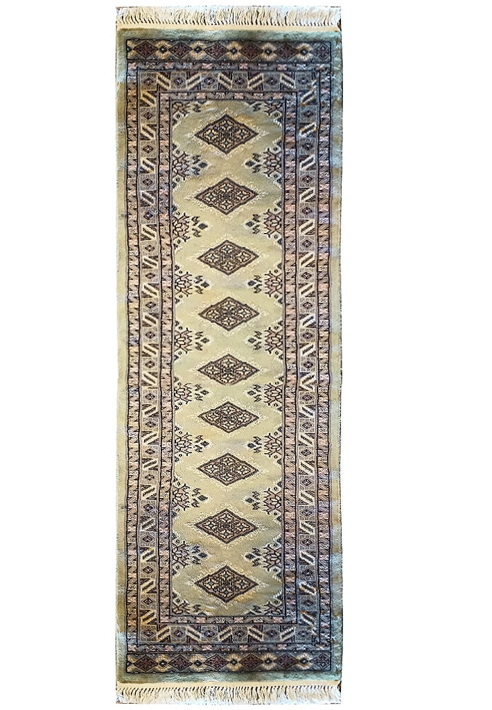 2 x 6 Camel Brown Traditional Bokhara Runner Rug: 2 x 6 Camel Brown Traditional Bokhara Runner Rug This exquisite 2 x 6 foot camel brown runner rug features a traditional Bokhara design, meticulously handmade in Pakistan. Crafted from 100% wool with