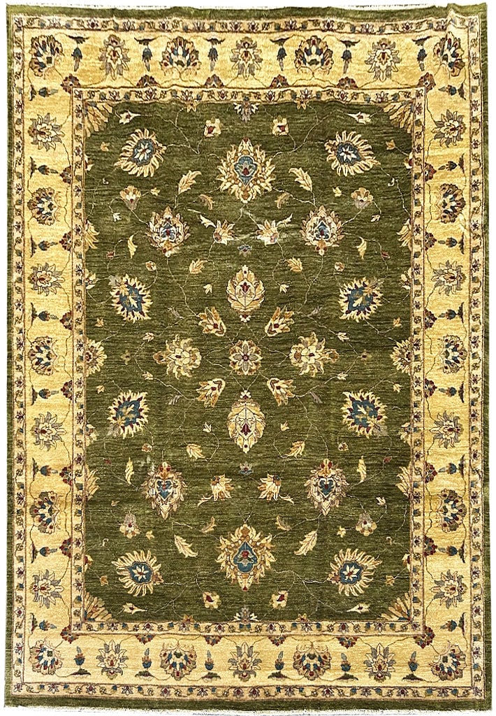 9x12 Green Chobi Peshawar Handmade Rug from India: 9x12 Green Chobi Peshawar Handmade Rug from India This exquisite 9 x 12 Green Chobi Peshawar rug features a stunning army green and ivory color palette. Handwoven in India, it is made of 100% wool wit