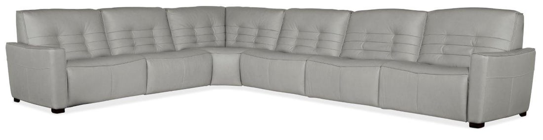 Reaux 6-Piece Power Recline Sectional With 3 Power Recliners In Grey: Reaux 6-Piece Power Recline Sectional With 3 Power Recliners In Grey Hooker Furniture Upholstery is a designer-inspired collection of upscale leather seating that includes versatile reclining chairs,