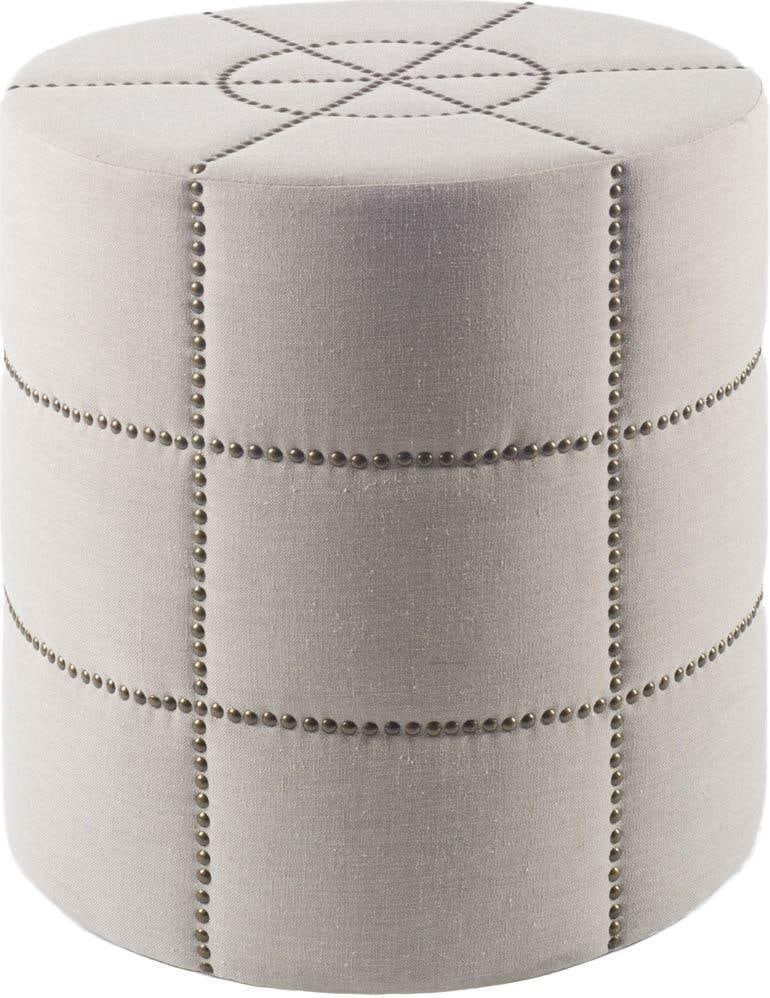 Beacon 20.5 Inch Cream Fabric With Metal Tacks Round Ottoman: Beacon 20.5 Inch Cream Fabric With Metal Tacks Round Ottoman The Beacon I is a stunning, round ottoman that is covered in a cream-colored, plush fabric with intricate, hand-finished metal tack details