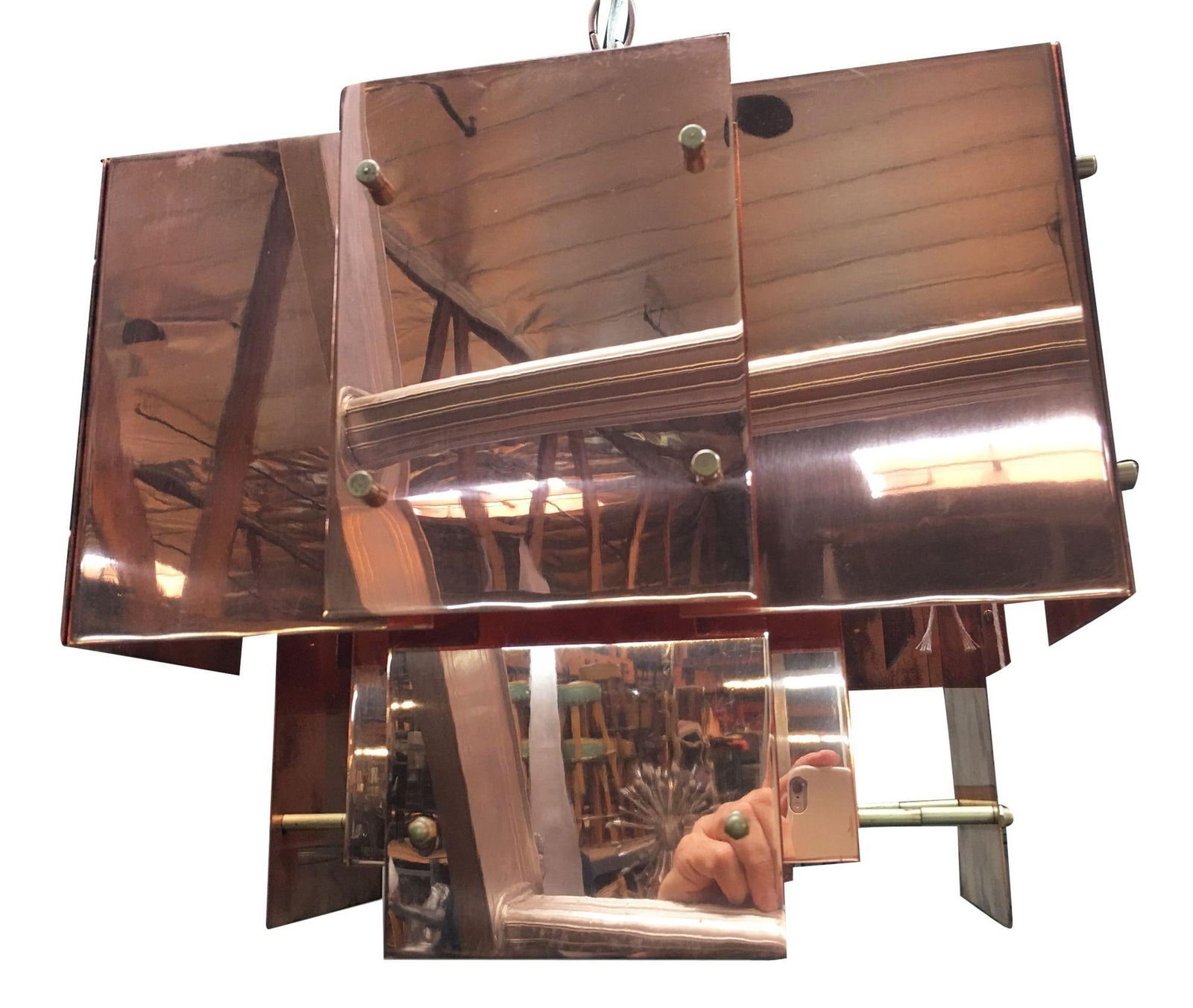 Robert Sonneman Cityscape Brutalist Chandelier Copper Steel 20in 16in 16in: Robert Sonneman Cityscape Brutalist Chandelier Copper Steel 20in 16in 16in This stunning Robert Sonneman designed "Cityscape" chandelier features a striking Brutalist style, crafted from copper and st