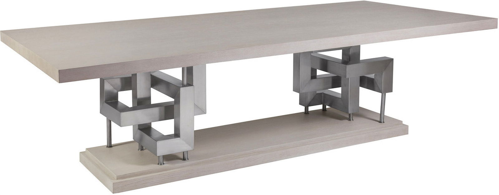 Signature Designs Pazzo Rectangular Dining Table: Signature Designs Pazzo Rectangular Dining Table Modern design crafted from quartered oak veneers in cerused misty white gray finish and sculptural brushed stainless steel pedestals sitting on a stepp