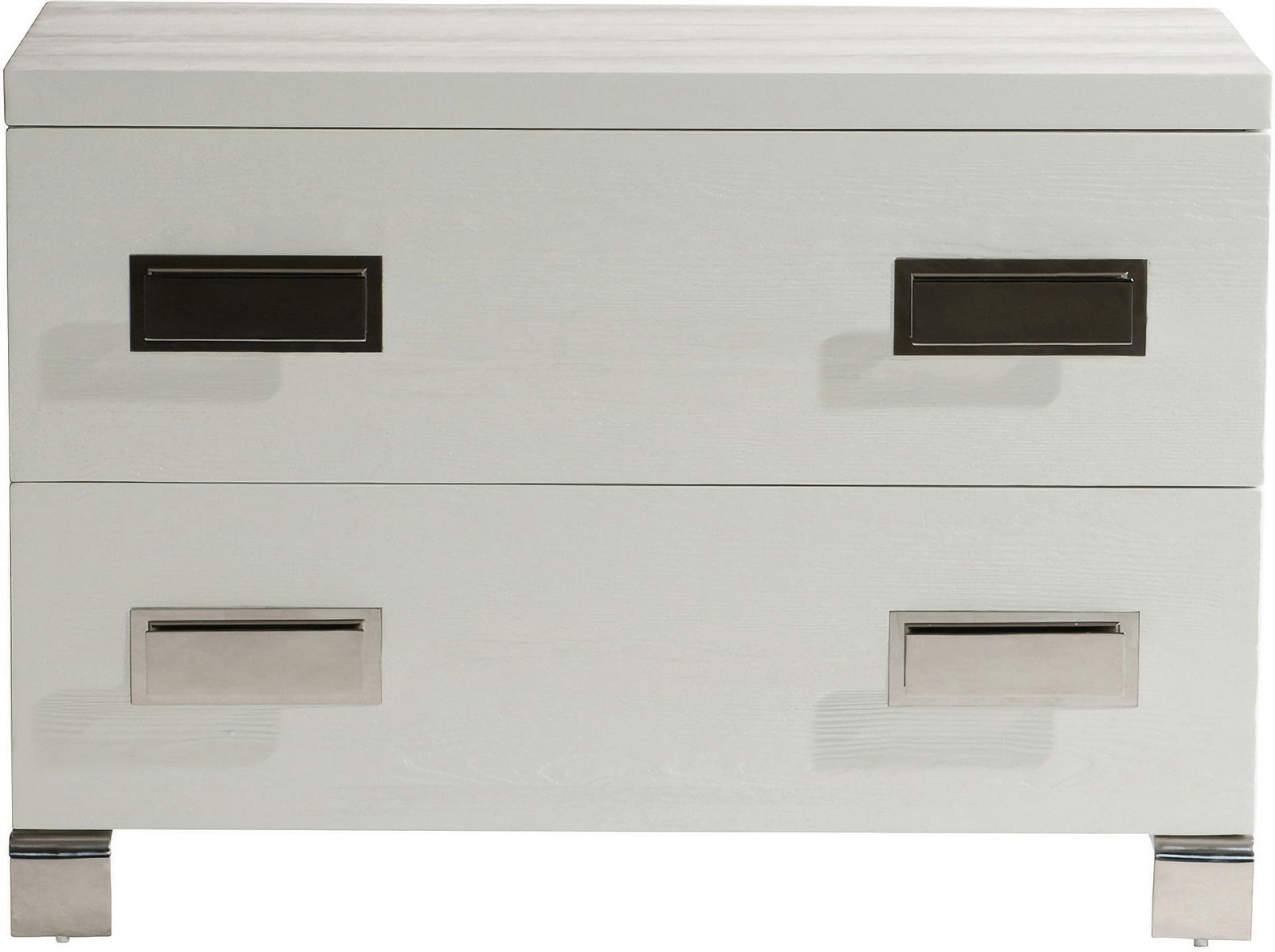 Coro Nightstand: Coro Nightstand The Coro nightstand draws all eyes with its modern geometric design. Bold stainless steel hardware provides a dimensional look on two Azucar-finished drawer fronts. Stainless steel is