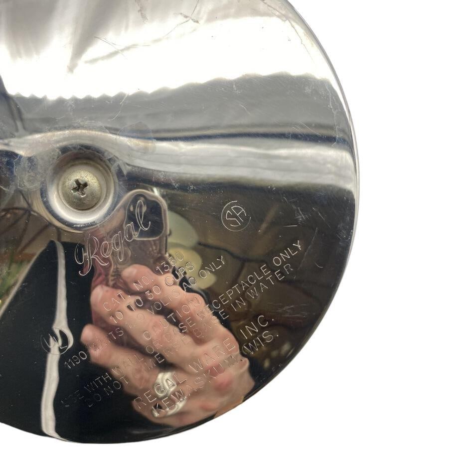 Mid Century Chrome Teak Coffee Maker by Regal 16.25in Height 11in Width 11in Depth: Mid Century Chrome Teak Coffee Maker by Regal 16.25in Height 11in Width 11in Depth This Mid Century Chrome and Teak Coffee Maker by Regal features a striking design and is a perfect addition to any vi