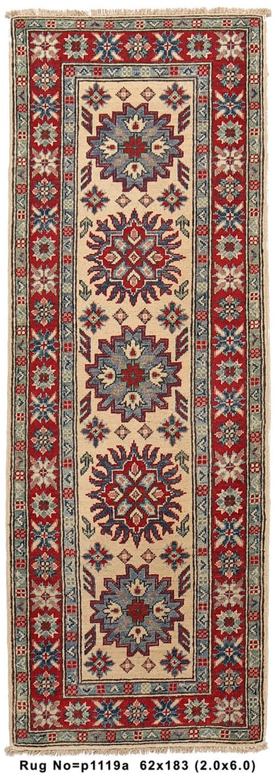 2x6 Ivory Handmade Kazak Wool Area Rug: 2x6 Ivory Handmade Kazak Wool Area Rug This beautiful 2 x 6 feet handmade Kazak area rug features a beige cream central field adorned with blue and red geometric patterns. The rug is hand-knotted with