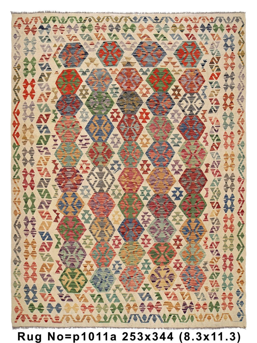8x11 Wool Kilim Area Rug Hand-Knotted Tribal Design Multi-Color: 8x11 Wool Kilim Area Rug Hand-Knotted Tribal Design Multi-Color This stunning handmade Kilim rug measures 8.4 feet by 11.3 feet (100 inches by 135 inches). Crafted from natural wool, this area rug fea