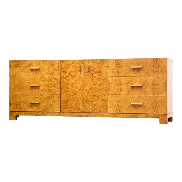 Mid Century Modern John Widdicomb Burl Dresser 78in Wood Brass Pulls: Mid Century Modern John Widdicomb Burl Dresser 78in Wood Brass Pulls This mid century modern burl dresser is crafted by John Widdicomb and features elegant brass drawer pulls. Professionally refinishe