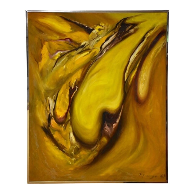 Boris Margo Mid Century Modern Abstract Painting 36.5in x 45in Yellow Orange Framed 1960s: Boris Margo Mid Century Modern Abstract Painting 36.5in x 45in Yellow Orange Framed 1960s This stunning mid century modern abstract painting by Boris Margo features vibrant yellow and orange shades, s