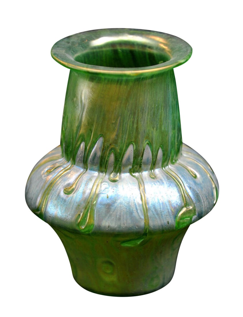 Austrian Loetz Iridescent Glass Vase 8.75in Height 6in Width: Austrian Loetz Iridescent Glass Vase 8.75in Height 6in Width Austrian or Loetz iridescent glass vase from c. 1900-1925, featuring applied glass design. Measures 8.75 inches in height and 6 inches in w