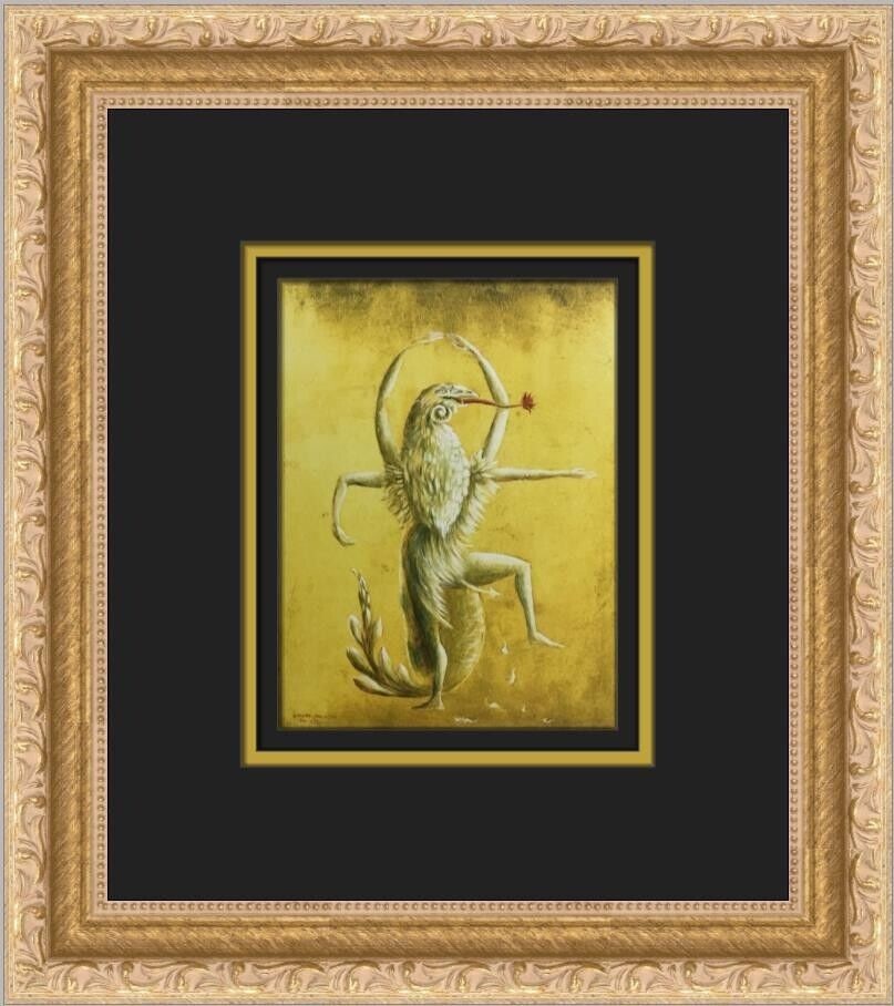 Leonora Carrington Figuras Miticas Bailarin II Custom Framed Print: Leonora Carrington Figuras Miticas Bailarin II Custom Framed Print This custom framed print titled 'Figuras Miticas Bailarin II' by Leonora Carrington showcases a surrealism style art piece. It measur