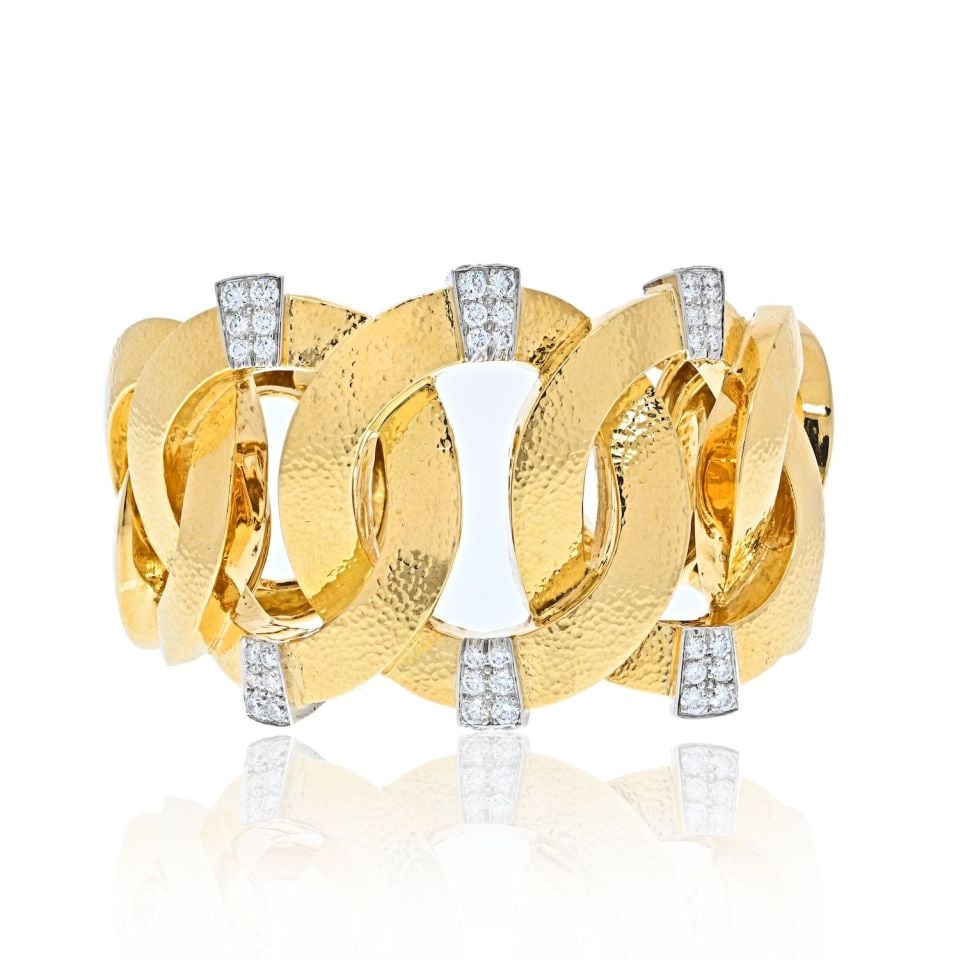 David Webb Platinum 18K Yellow Gold Diamond Cuff Bracelet: David Webb Platinum 18K Yellow Gold Diamond Cuff Bracelet This stunning cuff bracelet by David Webb is crafted from Platinum and 18K Yellow Gold, weighing 175 grams. It features an elegant open link d