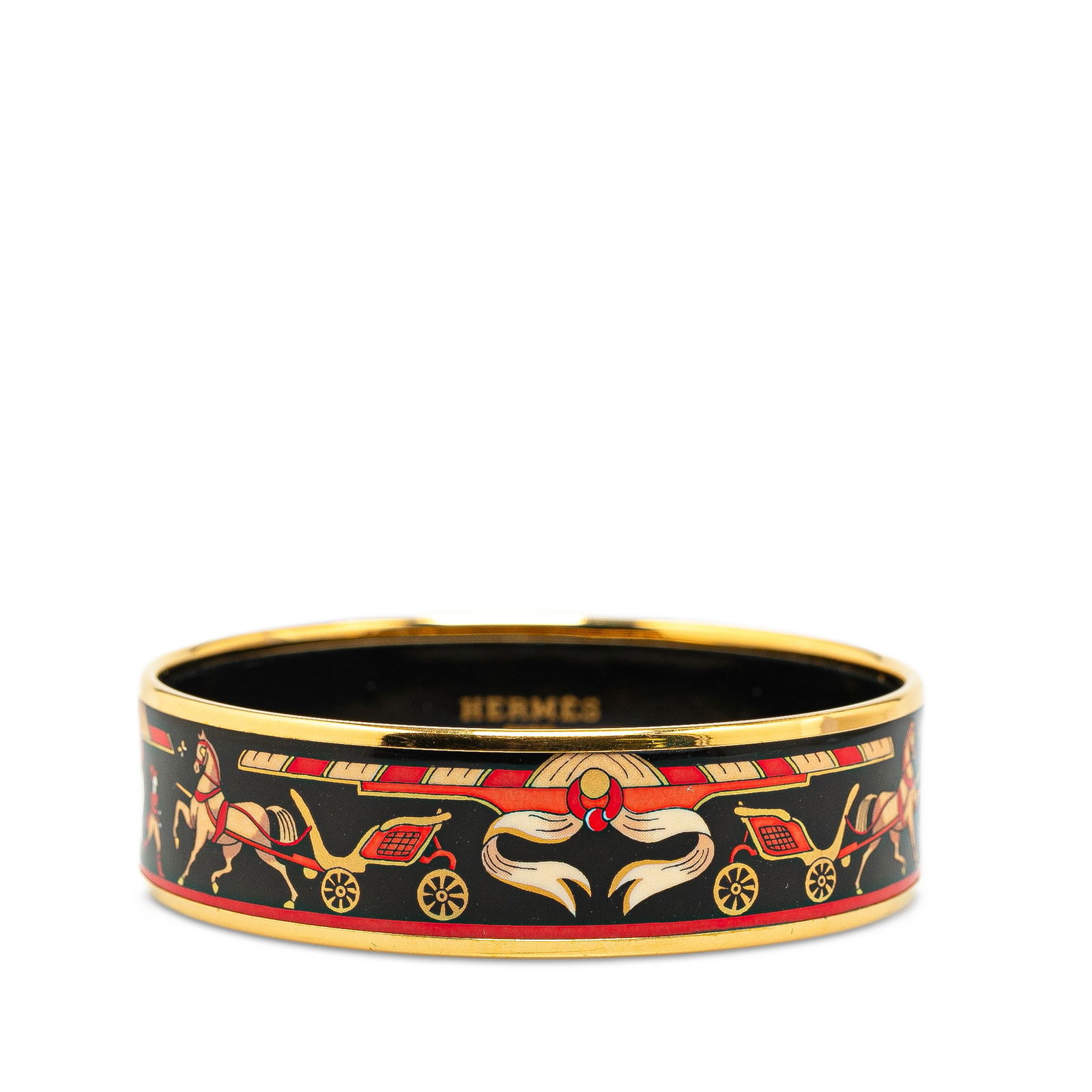 Hermes Wide Horse Carriage Enamel Bangle 65: Hermes Wide Horse Carriage Enamel Bangle 65 This bracelet features a printed enamel and gold plated metal body. Brand: Hermes Model: Wide Horse Carriage Enamel Bangle 65 Origin: Austria Category: Cost