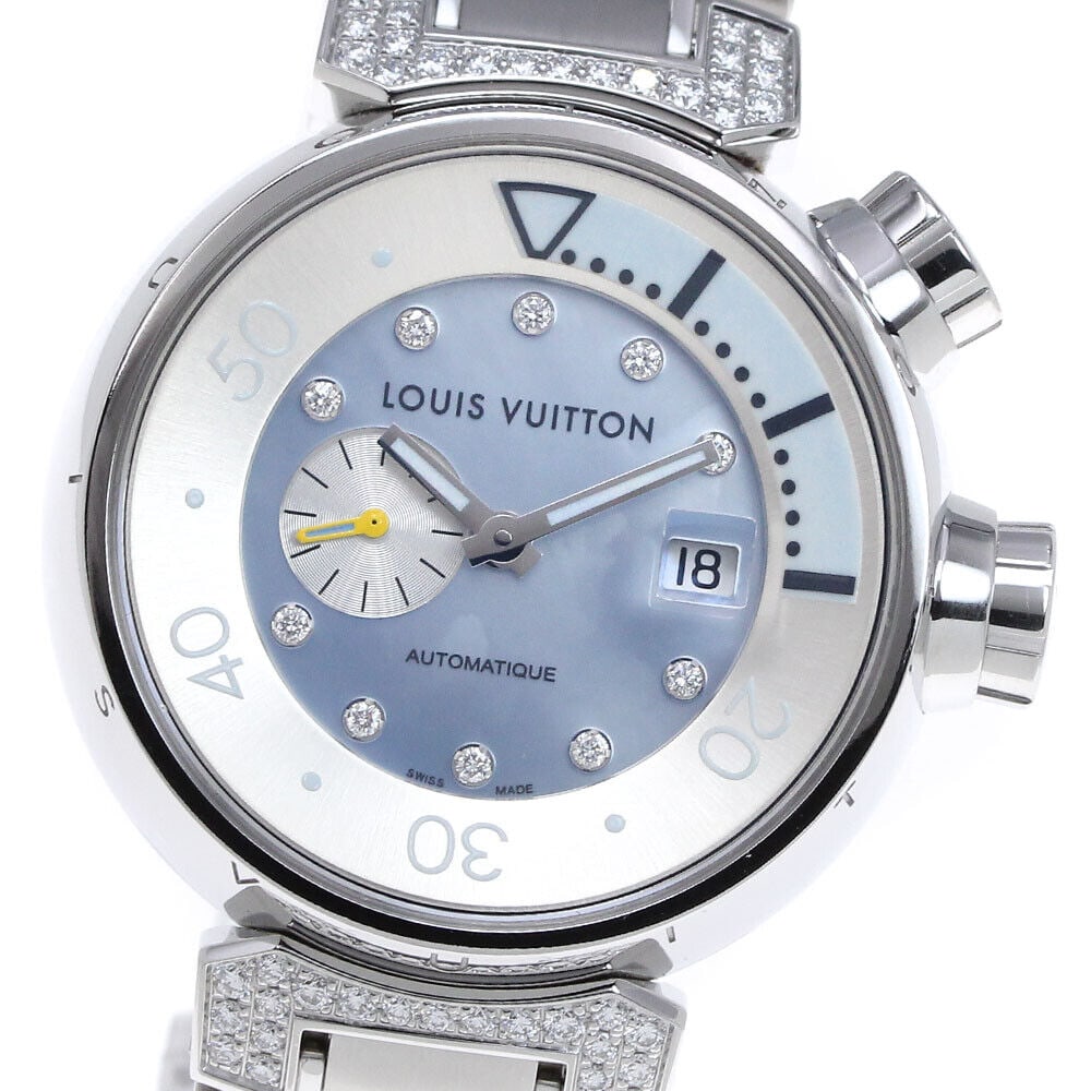 Louis Vuitton Tambour Automatic Ladies Watch Q1330 with Blue Shell Dial: Louis Vuitton Tambour Automatic Ladies Watch Q1330 with Blue Shell Dial Introducing the Louis Vuitton Tambour Automatic Ladies Watch, model Q1330. This exquisite timepiece features a blue shell dial.