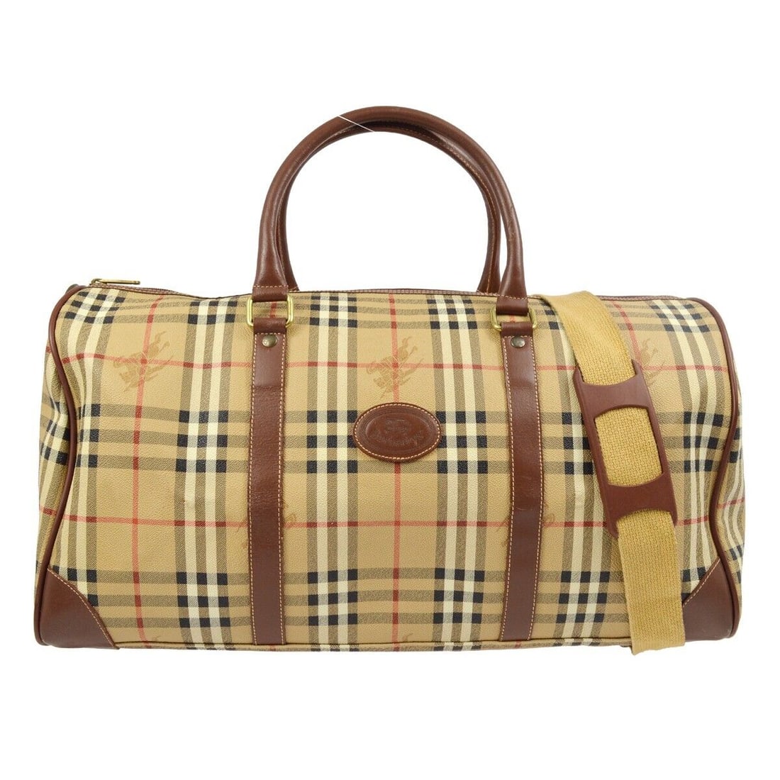 Burberry Beige Brown House Check Duffle Handbag with Gold Hardware: Burberry Beige Brown House Check Duffle Handbag with Gold Hardware Bag Width: 21 in. Pattern: Check. Bag Height: 10 in. Occasion: Casual. Handle/Strap Color: Brown. Size: Extra Large. Handle Style: Do