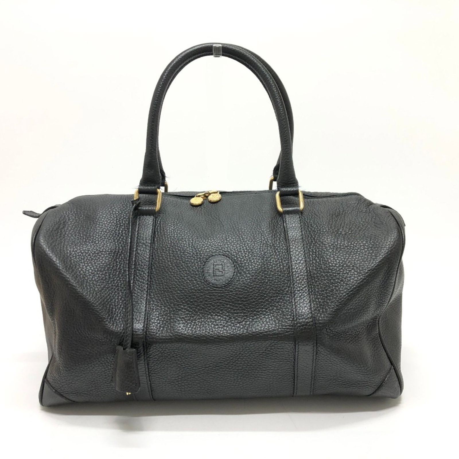 Fendi Black Leather Duffle Bag with Gold Hardware for Women: Fendi Black Leather Duffle Bag with Gold Hardware for Women This Fendi Boston bag is crafted from high-quality black leather, featuring a stylish FF logo design. It is ideal for women and offers ample